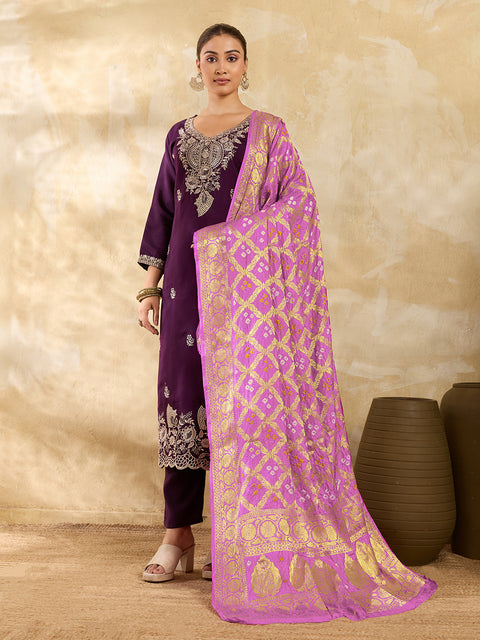 KcPc New Beautiful Jacquard Silk Bandhani Dupatta with Handmade Work