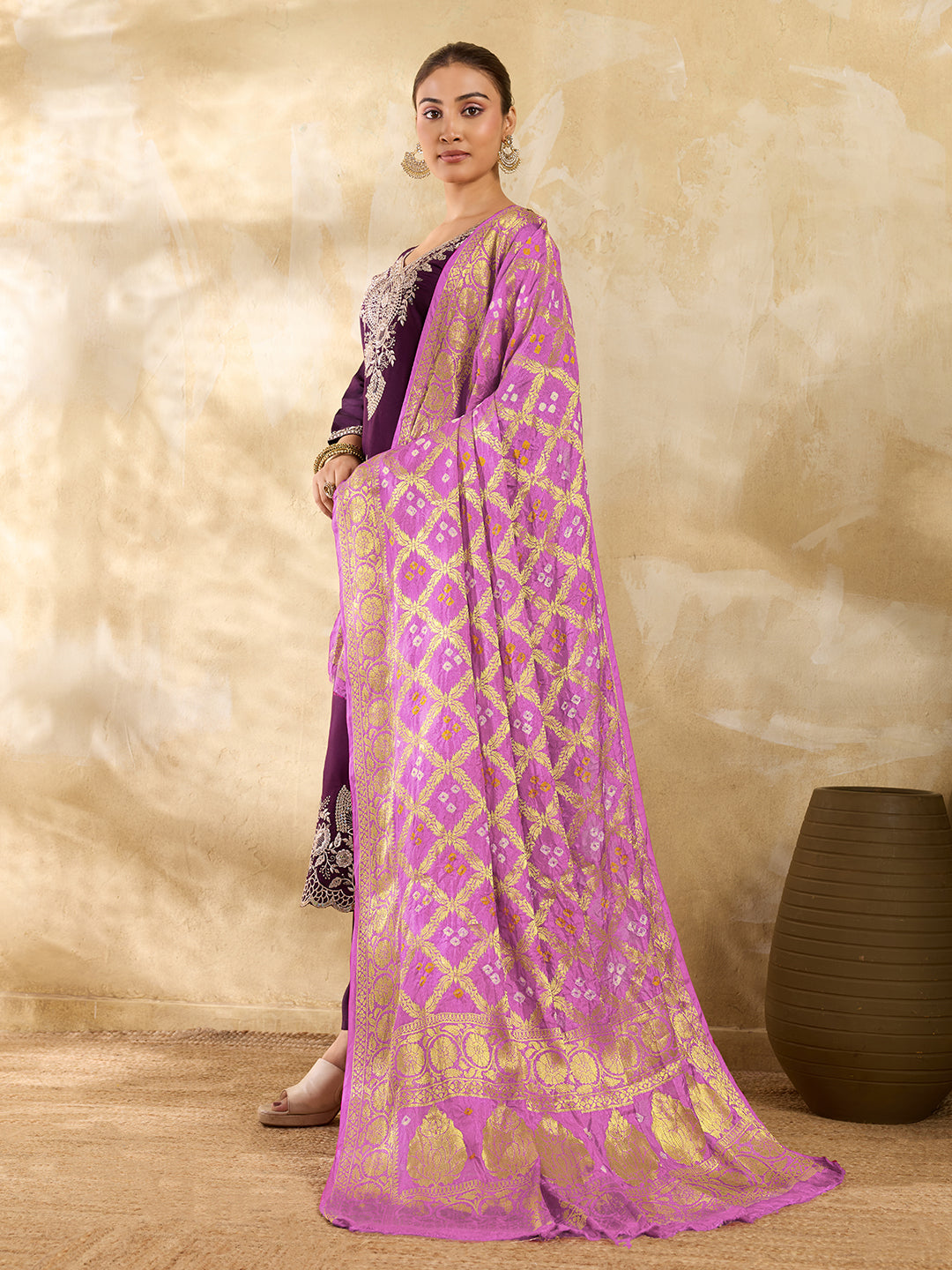 KcPc New Beautiful Jacquard Silk Bandhani Dupatta with Handmade Work