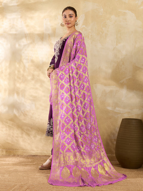 KcPc New Beautiful Jacquard Silk Bandhani Dupatta with Handmade Work