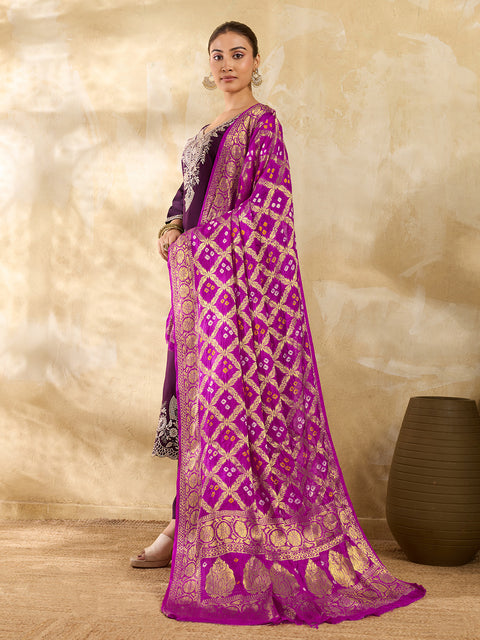 KcPc New Beautiful Jacquard Silk Bandhani Dupatta with Handmade Work