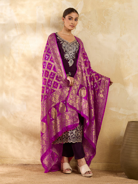KcPc New Beautiful Jacquard Silk Bandhani Dupatta with Handmade Work