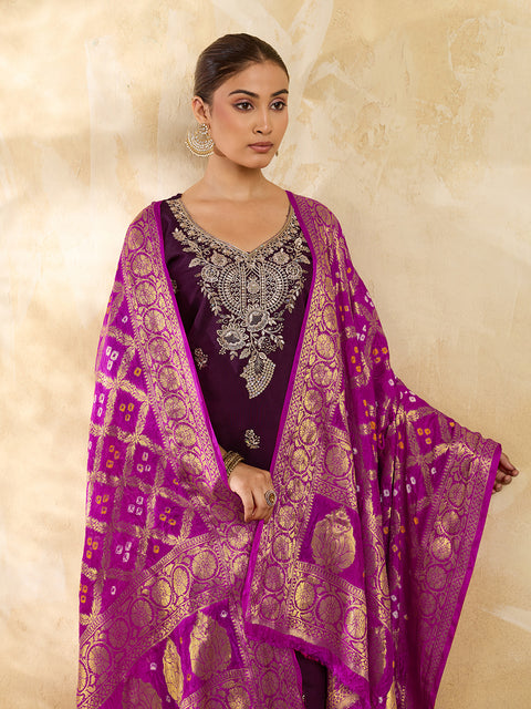 KcPc New Beautiful Jacquard Silk Bandhani Dupatta with Handmade Work