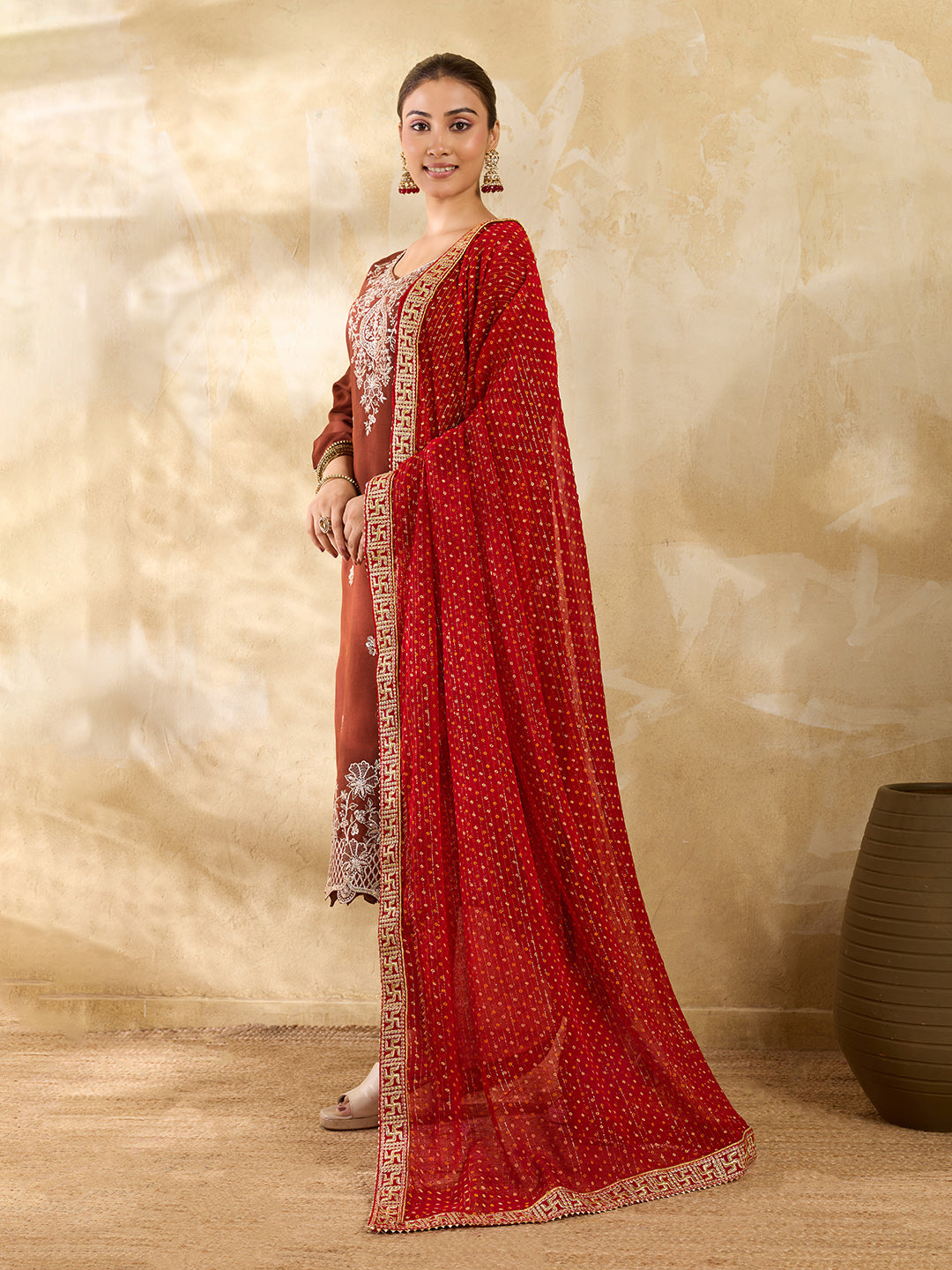 KcPc Traditional Bandhani Style Georgette Dupatta Swastik Border Special KKPRKS
