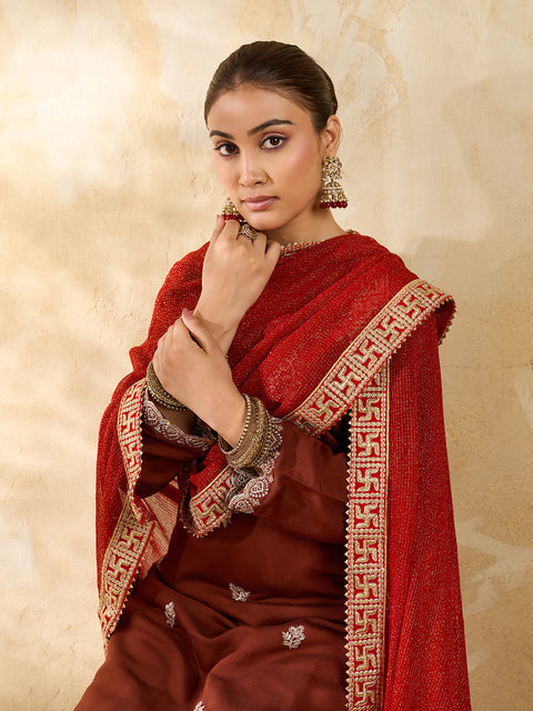 KcPc Festive Georgette Bandhani Dupatta with Elegant Swastik Border  KKPRKS