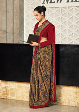  red and multicolor crepe silk saree with a geometric pattern and a red blouse under 1500