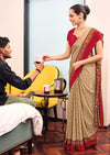Silk Fabric Uniform Official Wear saree in red colour border under 1500