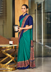  green and blue crepe silk saree with a red border under 1500