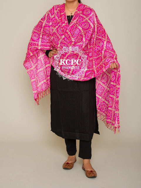 KcPc New Chinon Silk Bandhani Style with Print Dupatta Pink