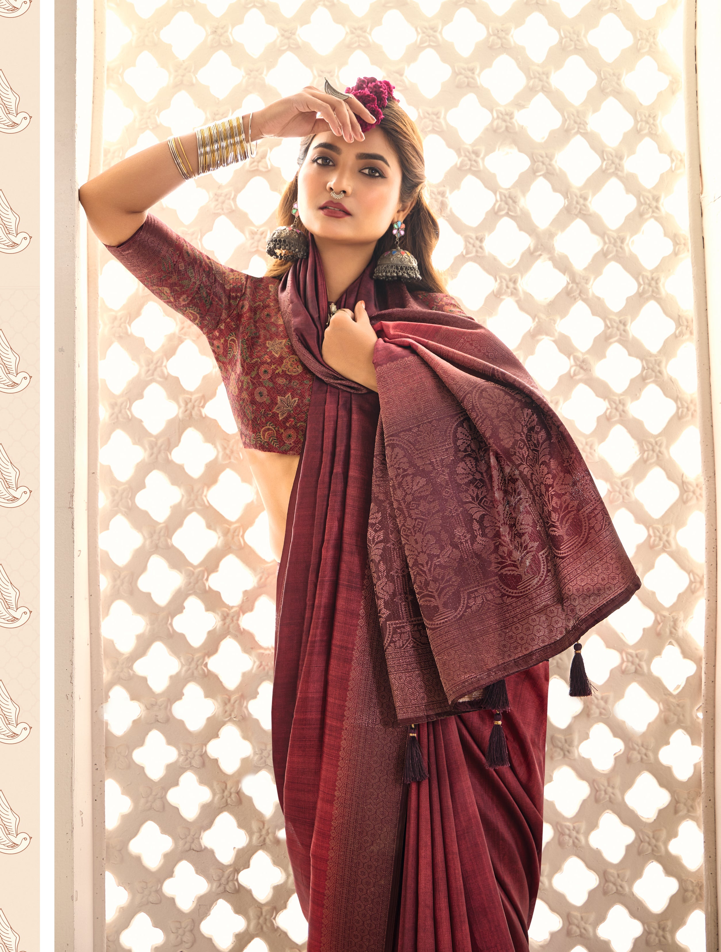 Awine red Banarasi style tissue silk saree