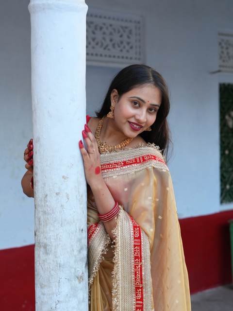 KcPc New Premium Tissue Gold Saree for Wedding Wear with Zardosi Embellishment   NSC