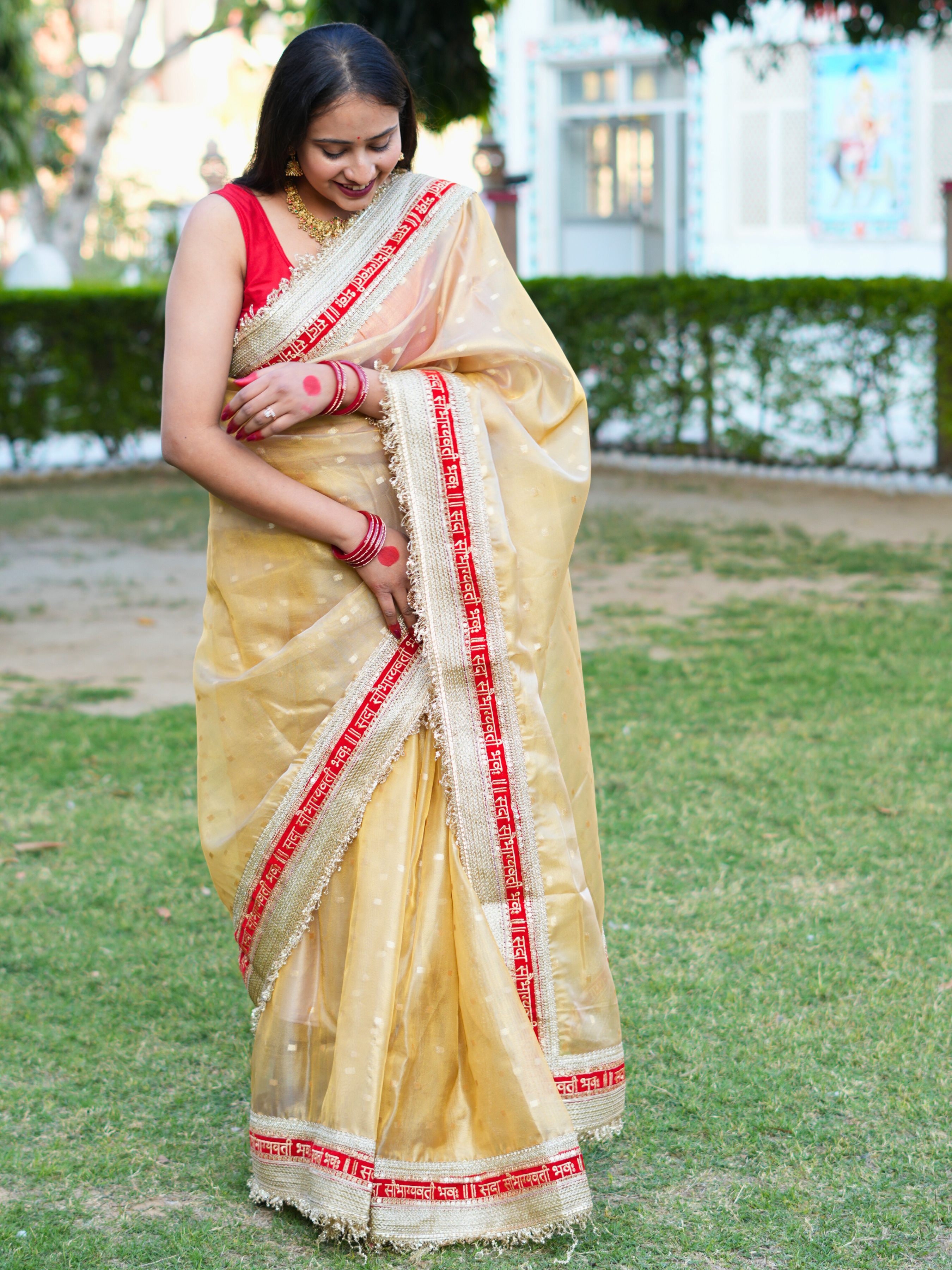KcPc New Premium Tissue Gold Saree for Wedding Wear with Zardosi Embellishment NSC