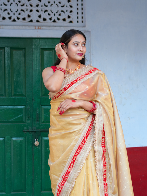 KcPc New Premium Tissue Gold Saree for Wedding Wear with Zardosi Embellishment   NSC