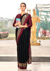 black and maroon crepe silk saree with detailed embroidery along the border and blouse under 1500