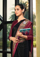 black and maroon crepe silk saree with detailed embroidery along the border and blouse under 1500