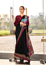 black and maroon crepe silk saree with detailed embroidery along the border and blouse under 1500