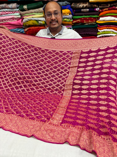 KcPc Pure Khaddi Georgette Banarasi Bandhej Ghatchola Saree  Rani