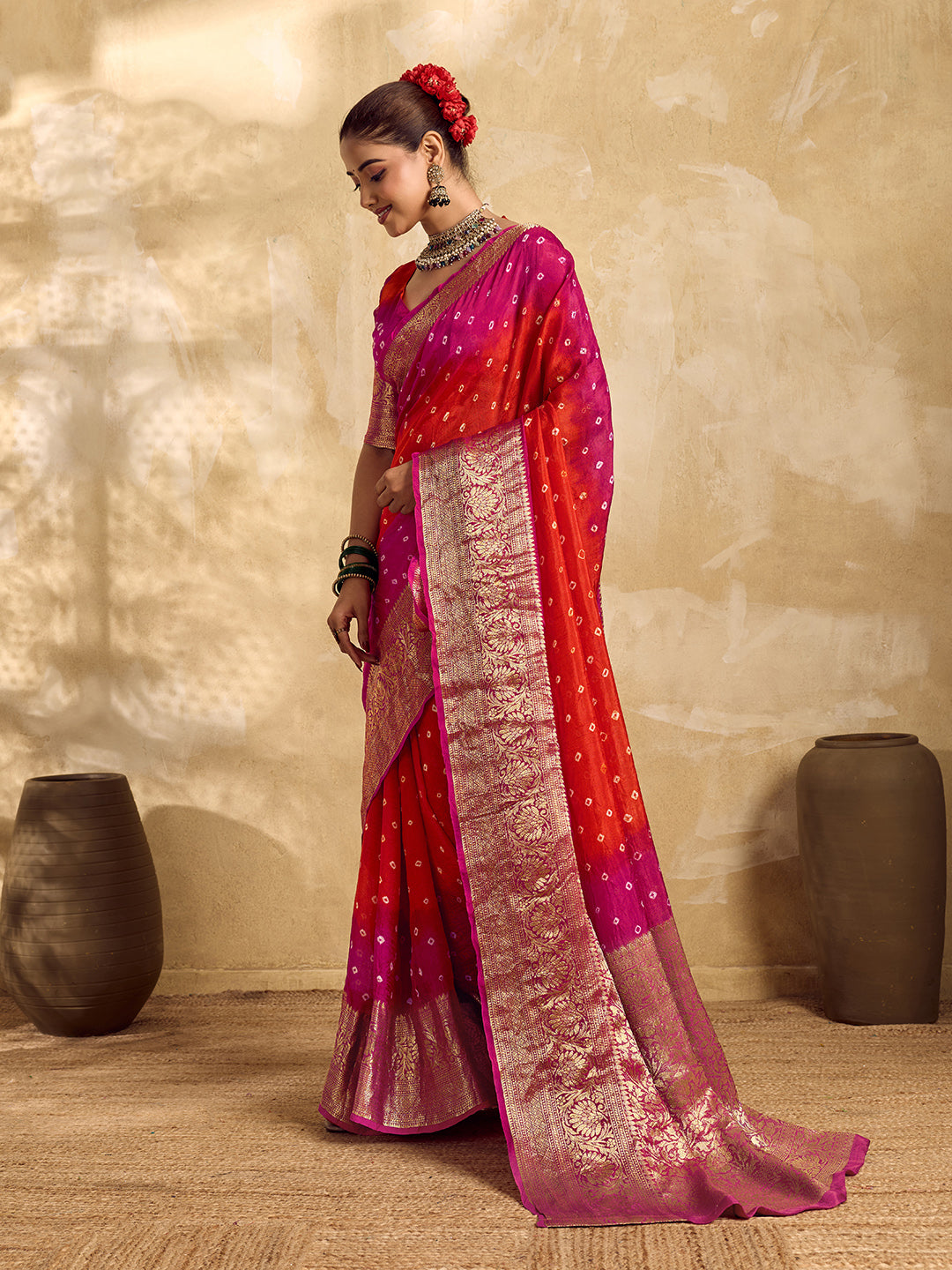  Viscos Silk Bandhani With Zari Border Saree under 2000
