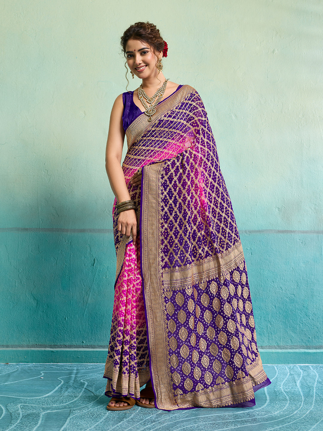 KcPc New Launch Pure Khaddi Georgette Upada Neemzari Bandhej SareePink Purple