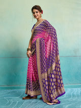 KcPc New Launch Pure Khaddi Georgette Upada Neemzari Bandhej SareePink Purple