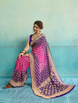 KcPc New Launch Pure Khaddi Georgette Upada Neemzari Bandhej SareePink Purple