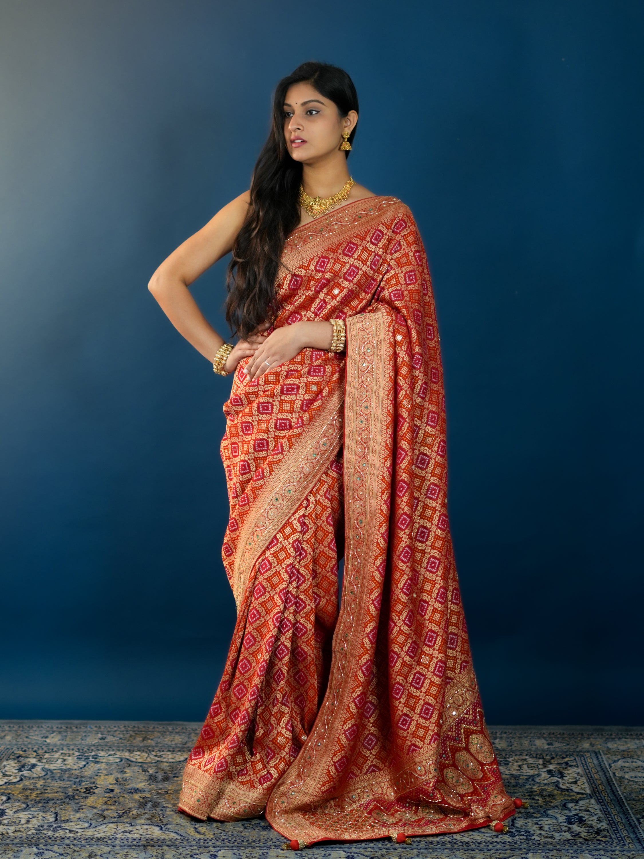  Pure Gorgette BandhaniStyle With Kalkata Zardoji Work Saree inspired by deepika padukone