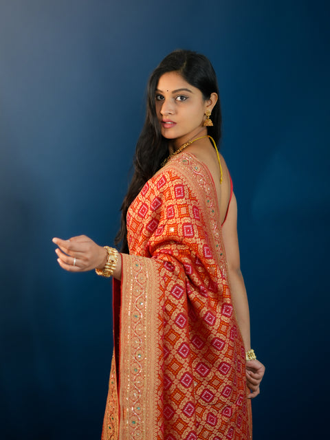  Pure Gorgette Bandhani  Style With Kalkata Zardoji Work Saree inspired by deepika padukone