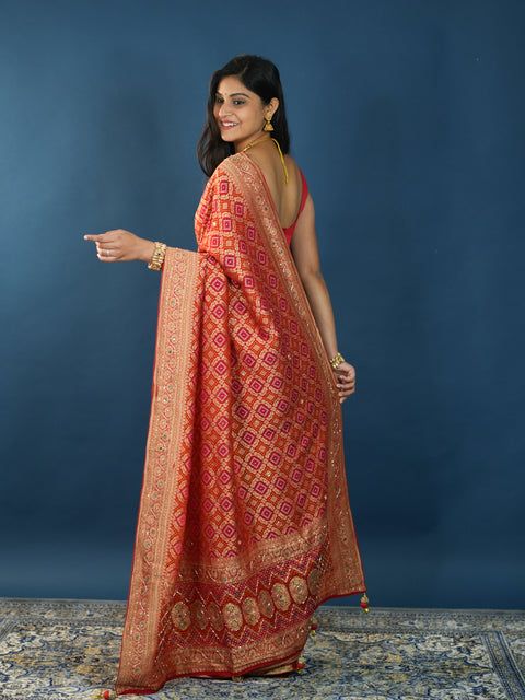  Pure Gorgette Bandhani  Style With Kalkata Zardoji Work Saree inspired by deepika padukone