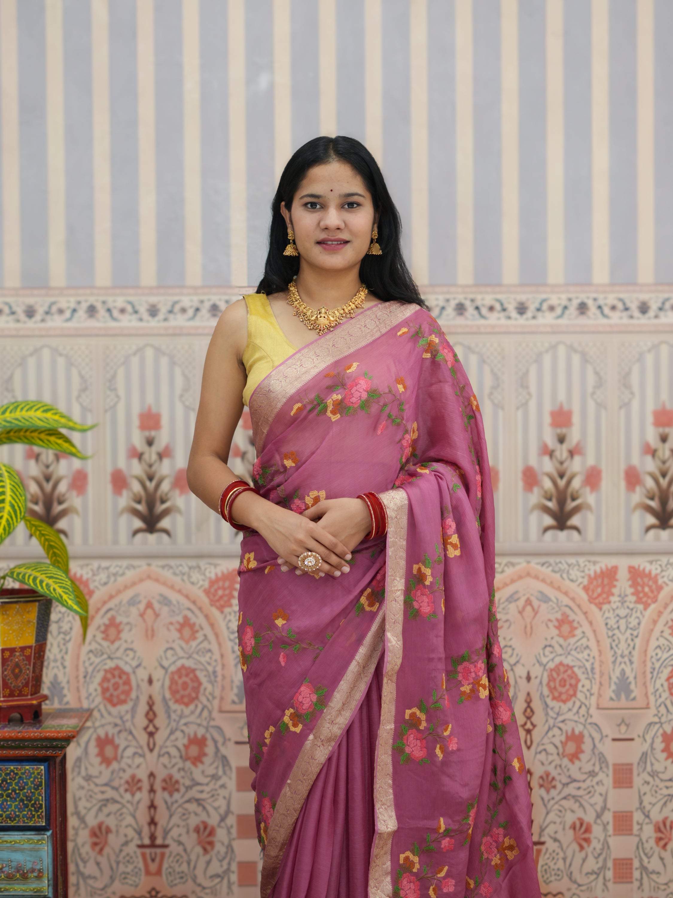 Buy Chinon Silk Saree With Festive Wear Kcpc
