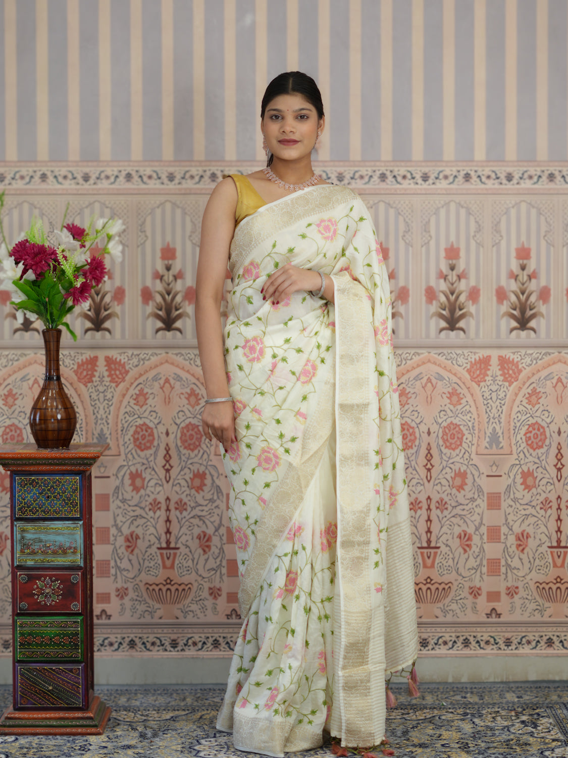 Buy Silk Banarasi Style With Kashida Work Saree in white colour