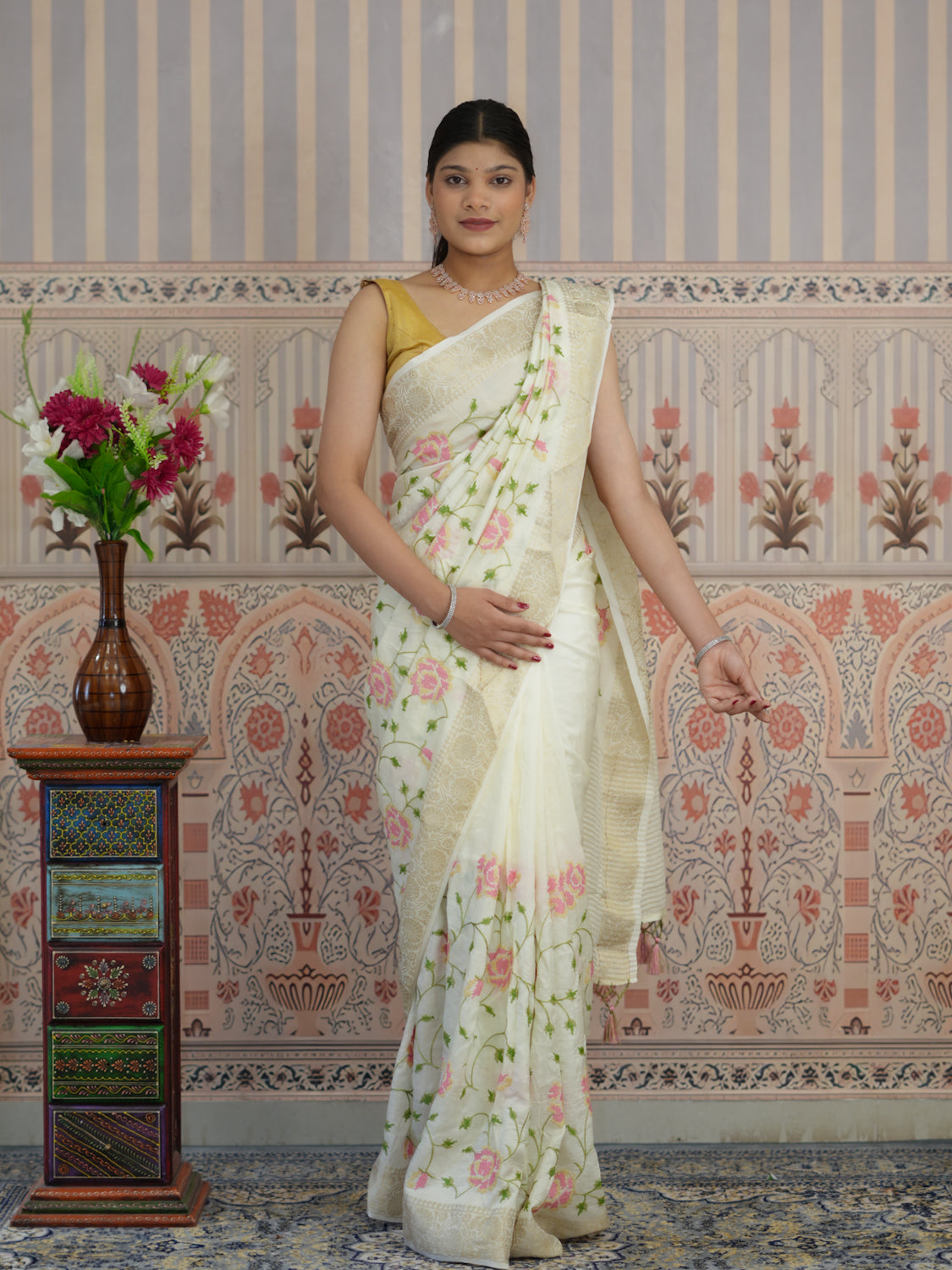Buy Silk Banarasi Style With Kashida Work Saree in white colour