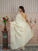 Buy Silk Banarasi Style With Kashida Work Saree in white colour