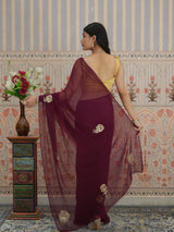 KcPc Pure Chiffon Jaipuri Saree Zari Sequence Rose Buta Work Saree VND Wine