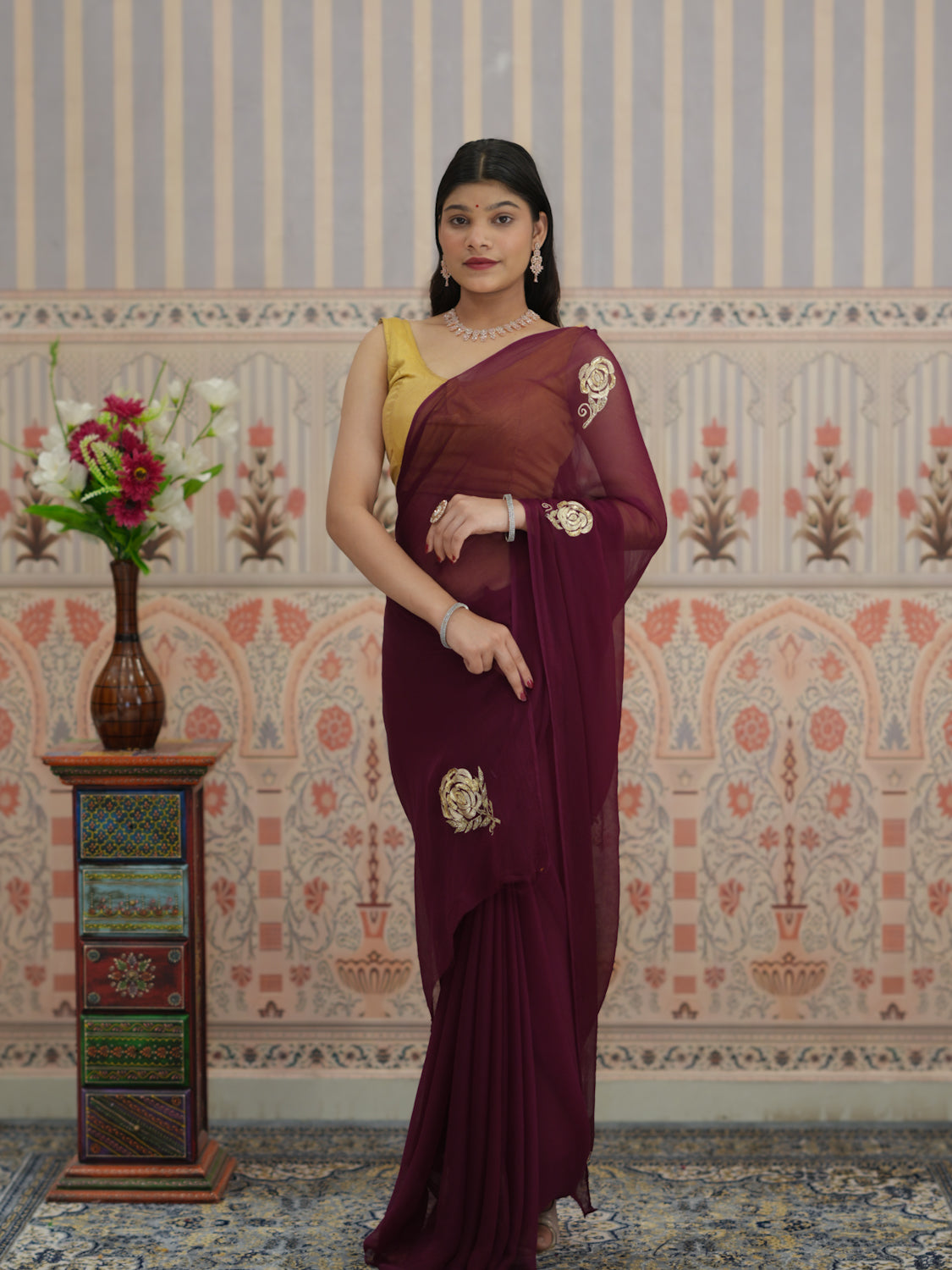 KcPc Pure Chiffon Jaipuri Saree Zari Sequence Rose Buta Work Saree VND Wine