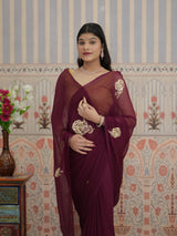 KcPc Pure Chiffon Jaipuri Saree Zari Sequence Rose Buta Work Saree VND Wine