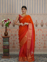 Red and orange saree with zardozi work and Banarasi style