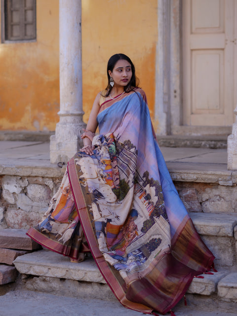 Buy Pure Viscos Silk Printed Saree with Zari Border KcPc