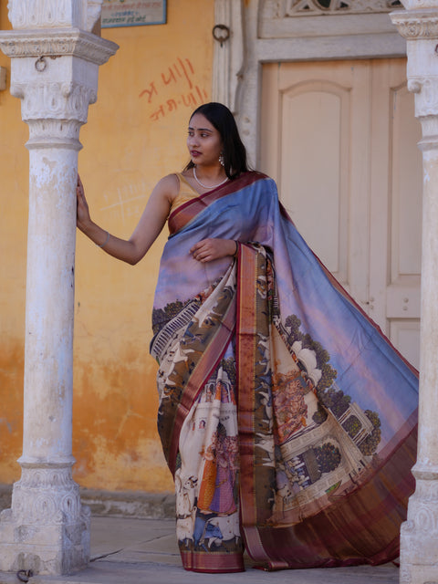 Buy Pure Viscos Silk Printed Saree with Zari Border KcPc