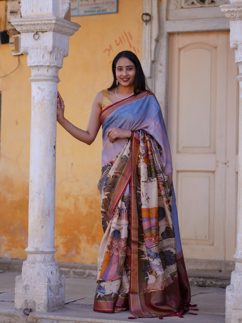 Buy Pure Viscos Silk Printed Saree with Zari Border KcPc