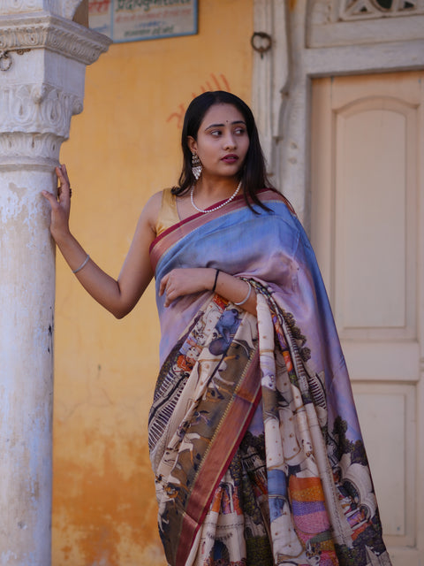 Buy Pure Viscos Silk Printed Saree with Zari Border KcPc