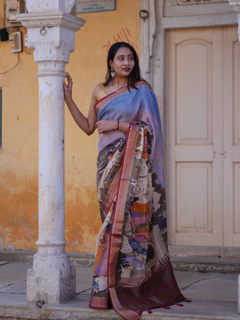 Buy Pure Viscos Silk Printed Saree with Zari Border KcPc