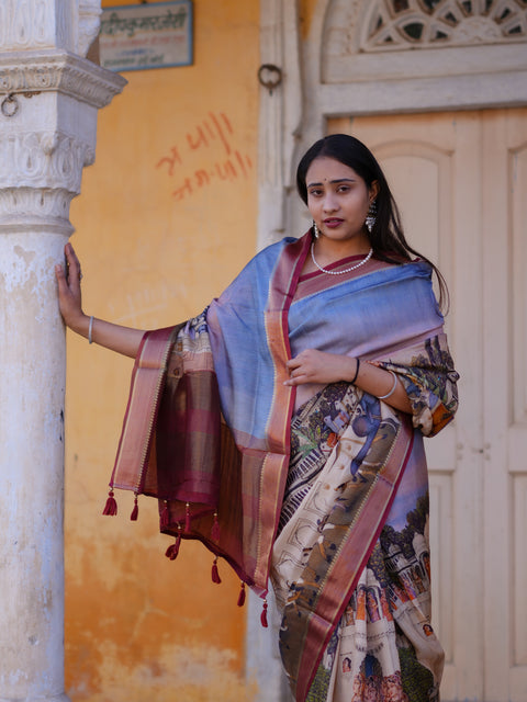 Buy Pure Viscos Silk Printed Saree with Zari Border KcPc