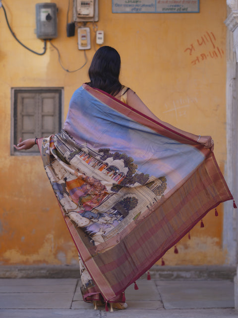 Buy Pure Viscos Silk Printed Saree with Zari Border KcPc