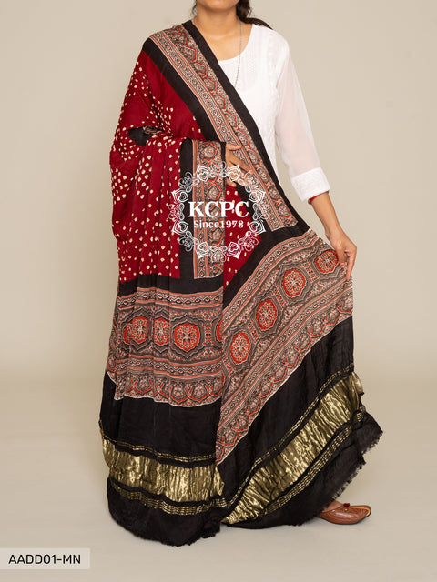 Kcpc Pure Gaji Silk Ajrakh Bandhani Dupatta Dr Kc