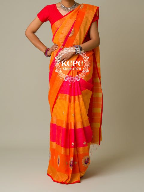 KcPc Pure Doria with zari design peacock design saree  Rani Orange