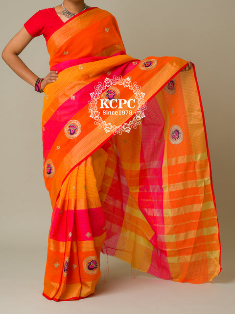 KcPc Pure Doria with zari design peacock design saree  Rani Orange