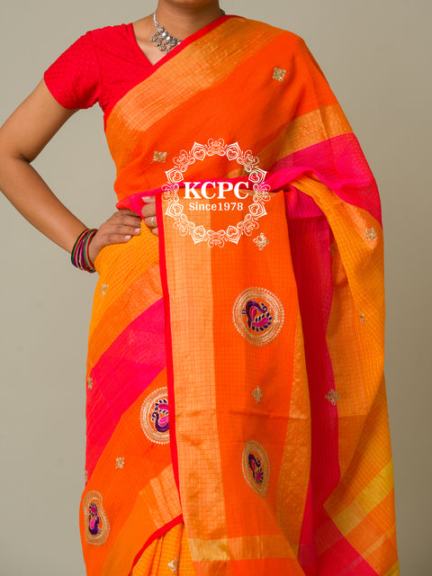 KcPc Pure Doria with zari design peacock design saree  Rani Orange