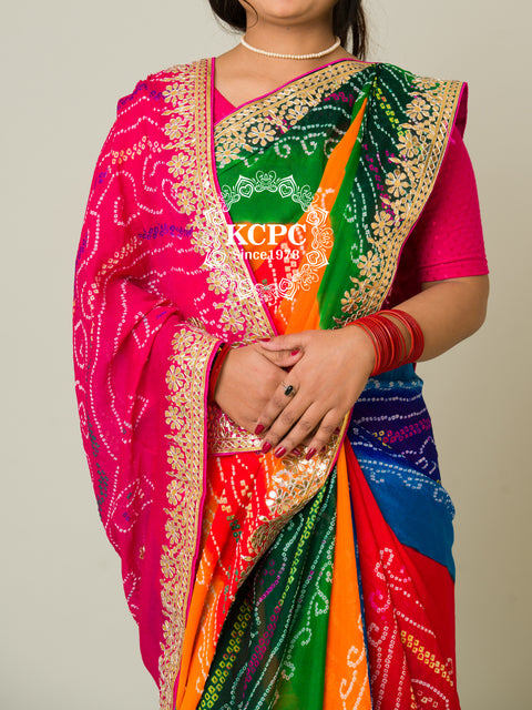KcPc Latest Pachrangi Pure ojariya chinon bandhej Gotapatti Saree RG