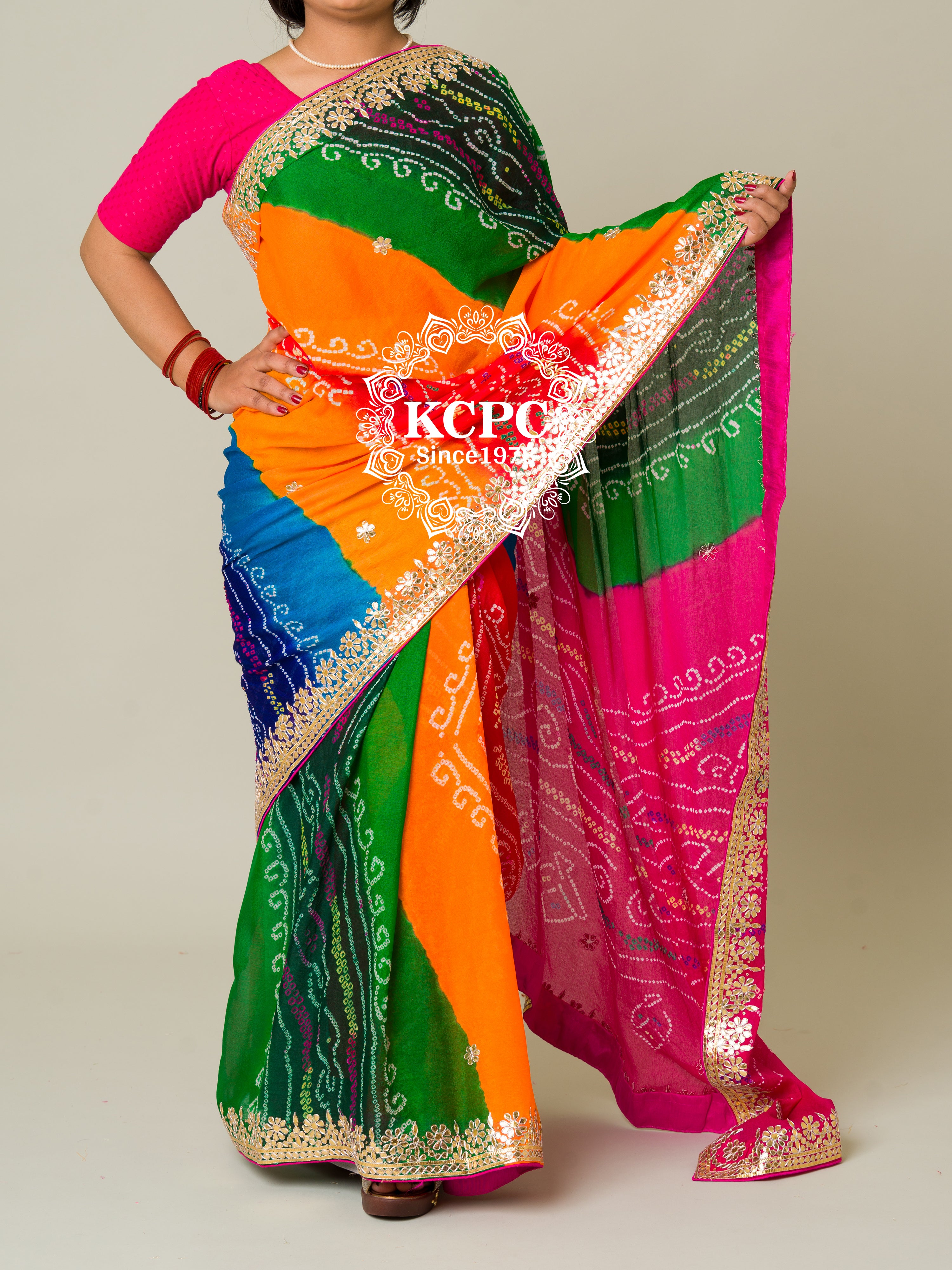 Latest Pachrangi Pure ojariya chinon bandhej Gotapatti Saree with Blou KcPc Bandhani