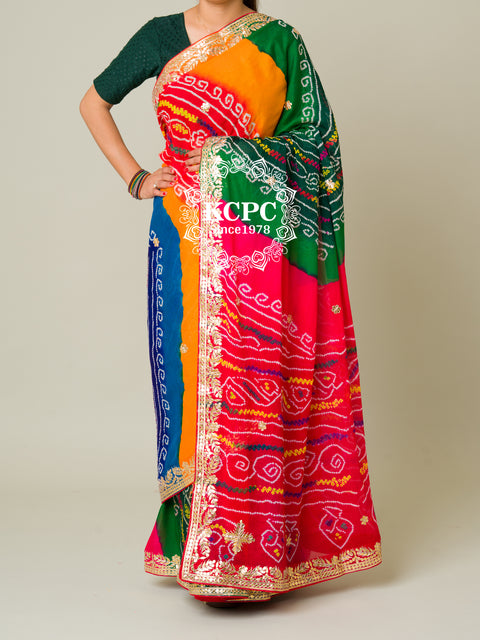 KcPc Pachrangi Pure ojariya chinon bandhej Gotapatti Saree  RG
