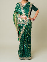 KcPc Pure Modal Silk Bandhani Ekdana Bandhej Heavy Gotapatti Work SareeAMT Bottle Green